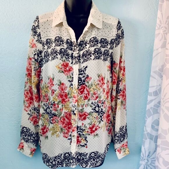 Under Skies Floral Boho Button Down Blouse Size Small - Picture 1 of 15
